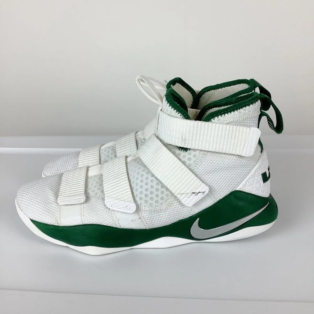 Nike Zoom White Green Basketball Lebron Soldier 11 High Top Sneakers - Picture 4 of 9